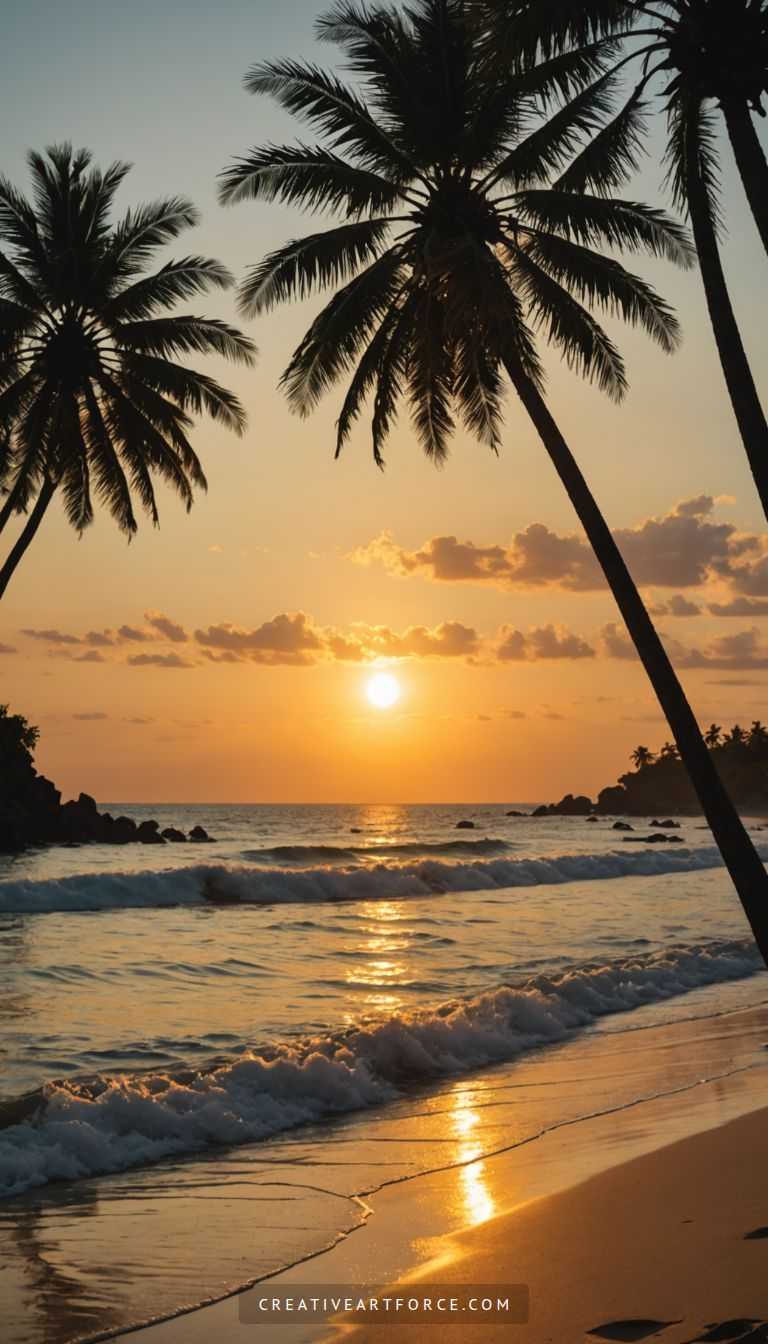Majestic palm trees framing brilliant turquoise waves beneath a fiery beach sunset sky