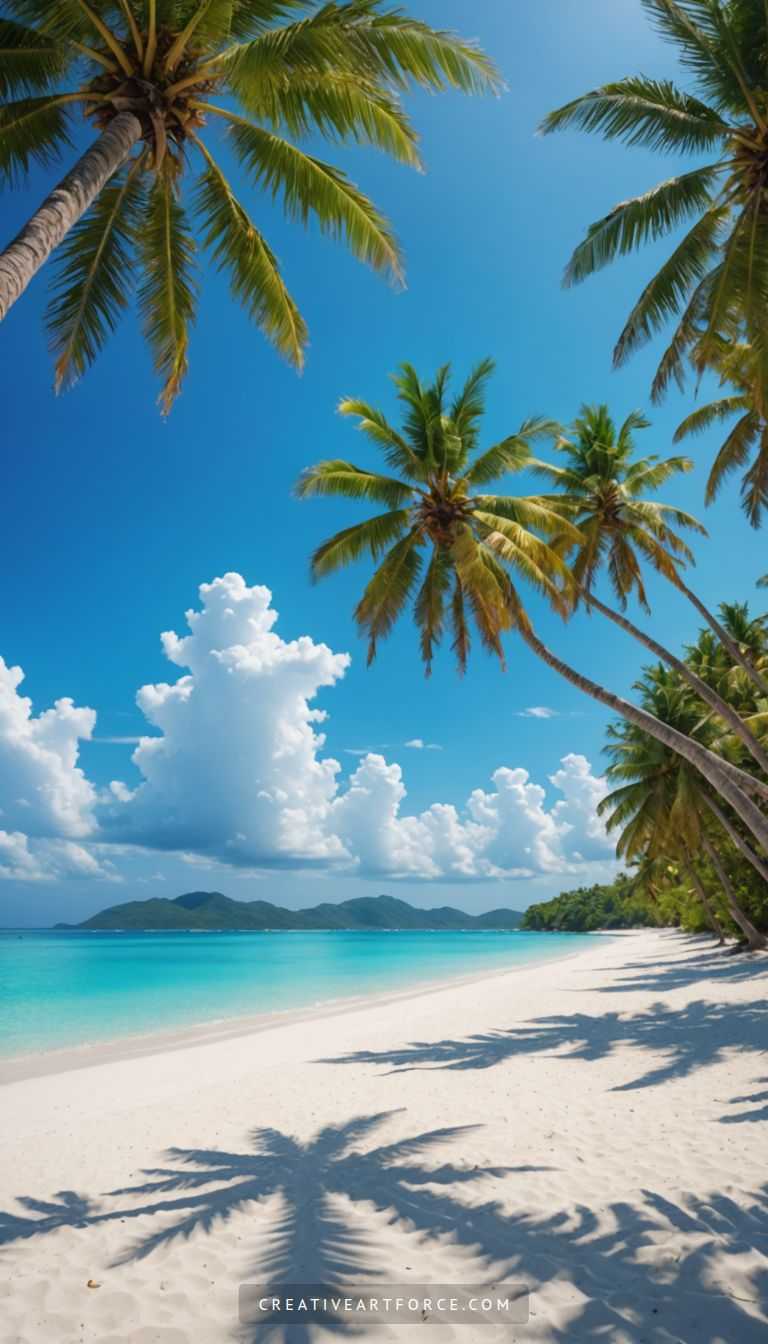 Aerial view of a 4K tropical beach cove with turquoise water and lush green cliffs