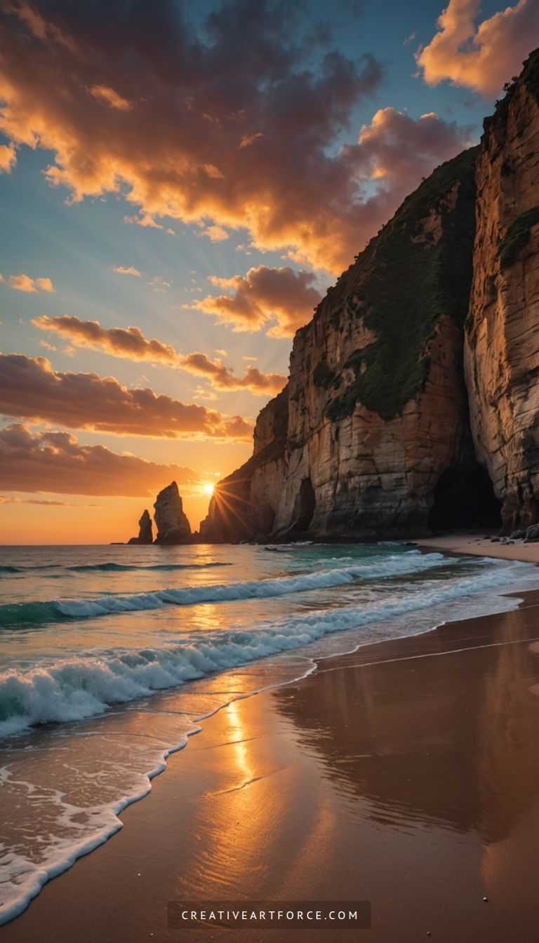 Calm ocean waves reflecting vibrant orange sky and leaping dolphins