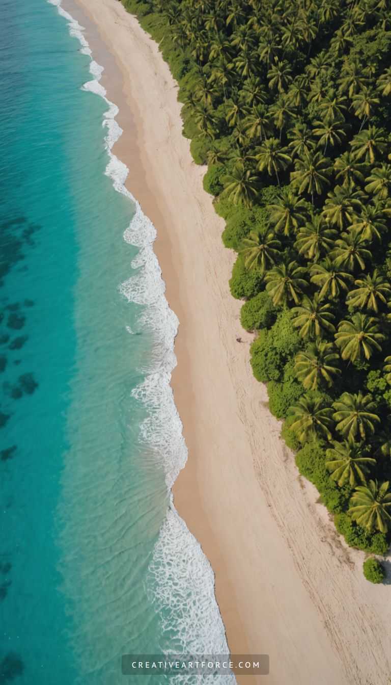Close-up 4k aerial view of turquoise waves blending with lush palm trees