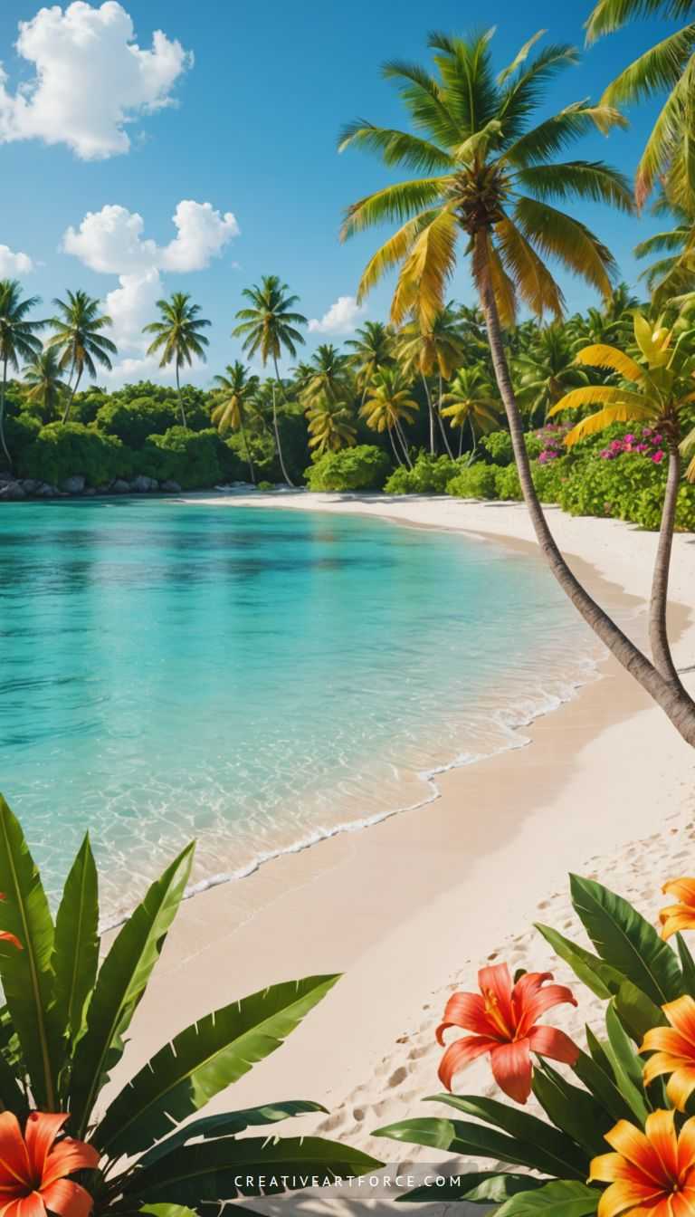 Bird’s eye view of serene beach with turquoise waters and green palms