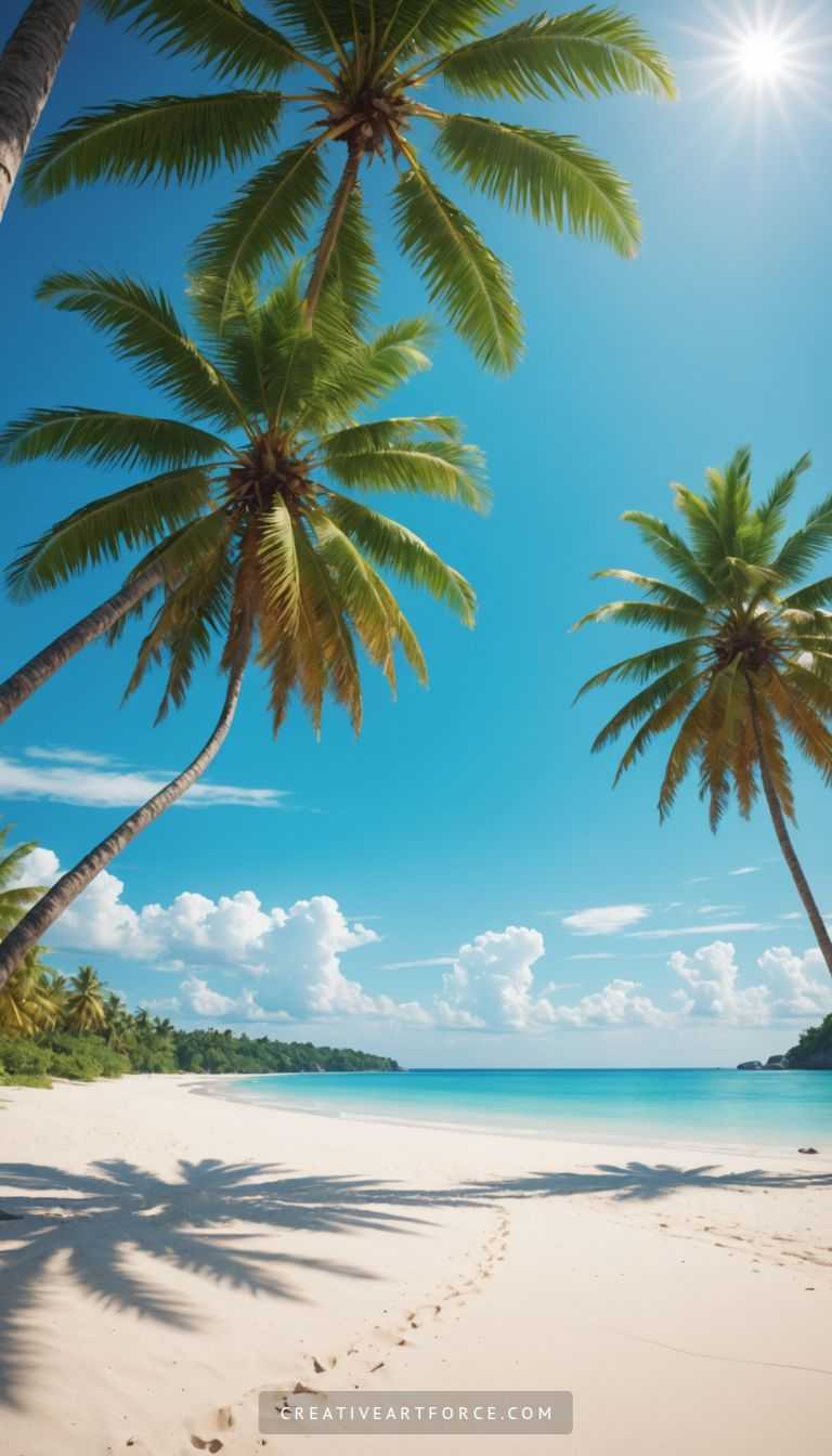 Sunlit turquoise waves and dense green palm tree canopy from above