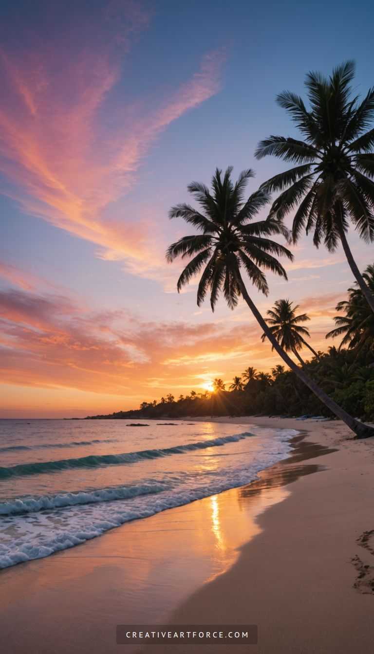 Detailed 4k aerial shot blending turquoise ocean waves and palm trees