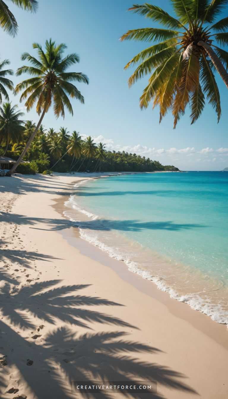 Serene Tropical Paradise with Tall Palms and Turquoise Waves in 4K Beach View