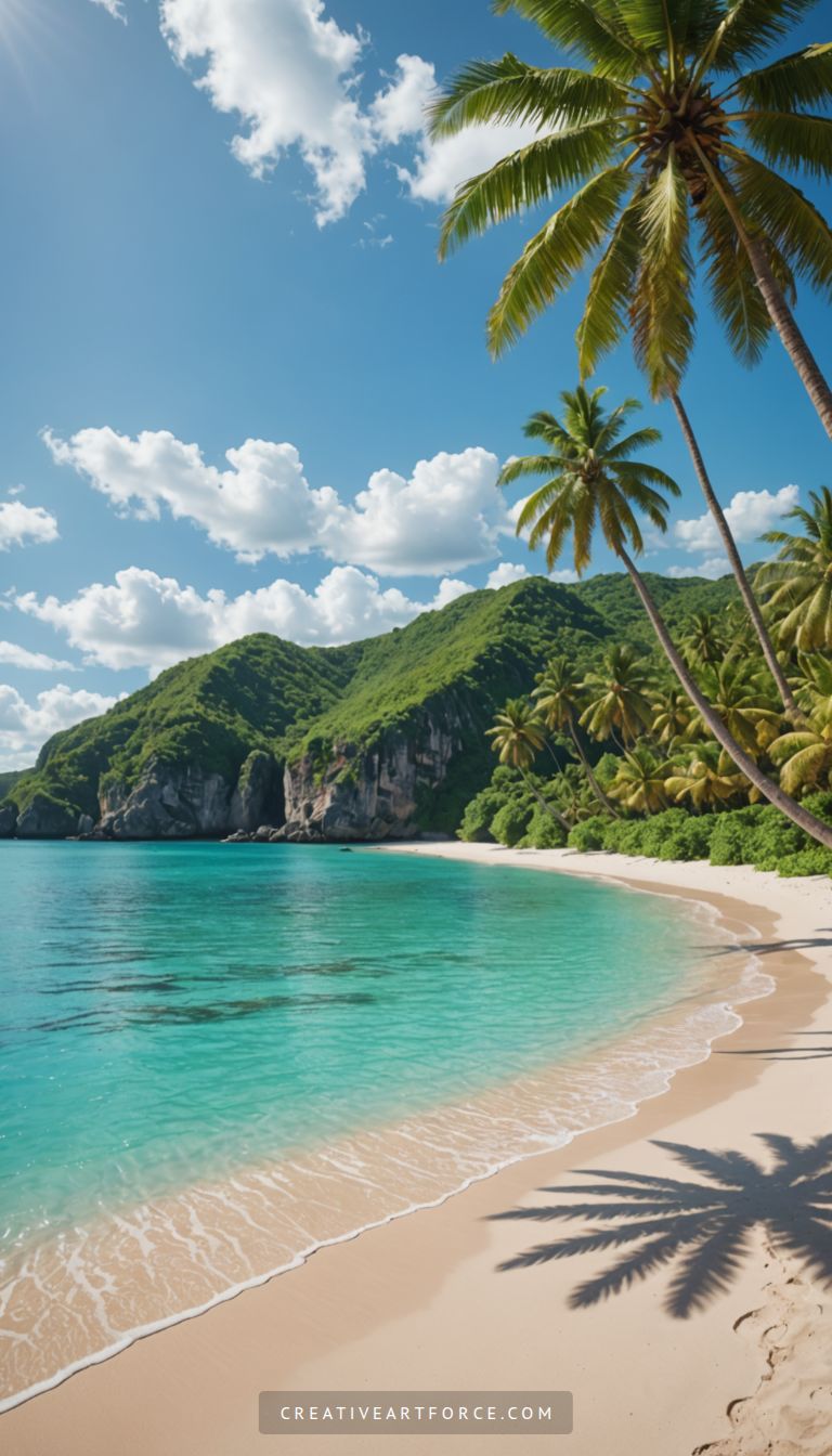 4K Tropical Beach Paradise with Turquoise Waters, Lush Cliffs, and Palm Trees