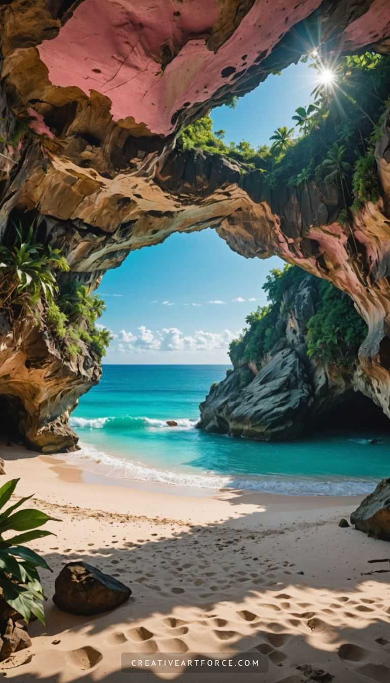 4K Tropical Beach Escape: Turquoise Waters and Pink Sand Framed by Rocky Caves and Lush Greenery