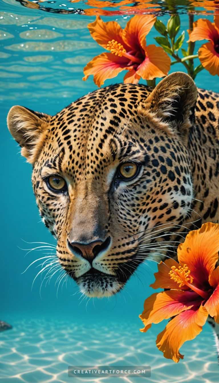 Serene Leopard Swimming with Vibrant Orange Hibiscus in a Clear 4K Beach Scene